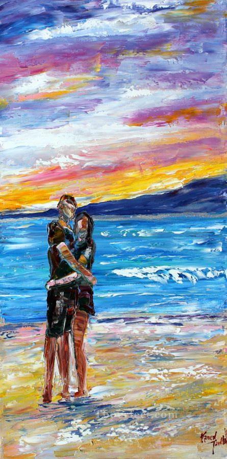 結婚式のカップルの海辺の日没のビーチ油絵